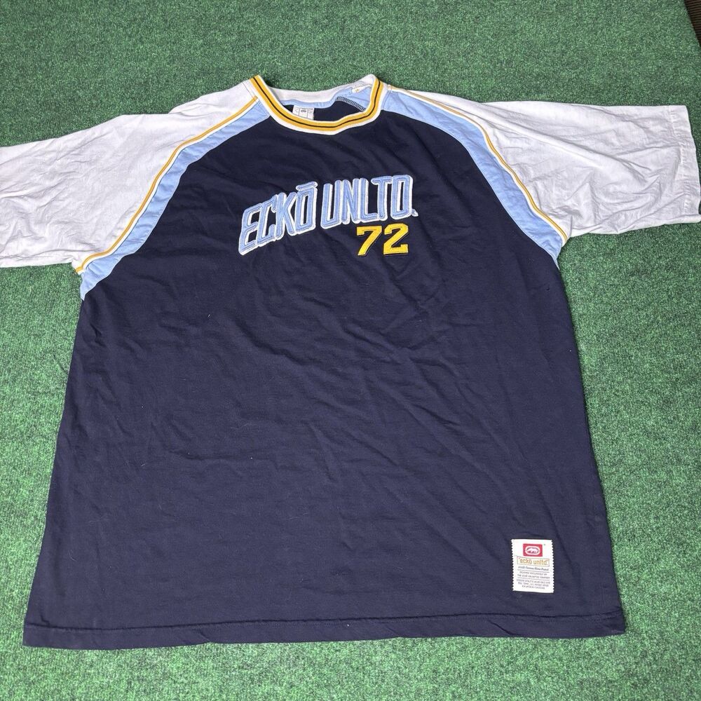 Ecko Unltd 72 Raglan Tee Shirt Mens 2XB Embroidered Y2K Hip Hop Navy